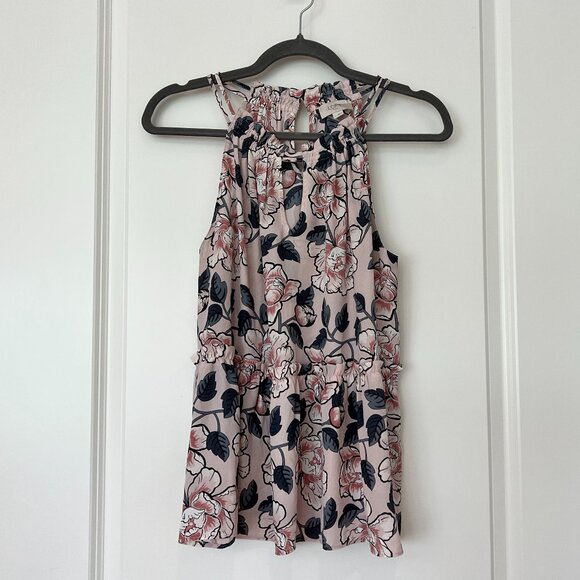 Loft Outlet Sleeveless Floral Top Keyhole Back Ruffle Trim Pink & Gray S - Picture 1 of 6